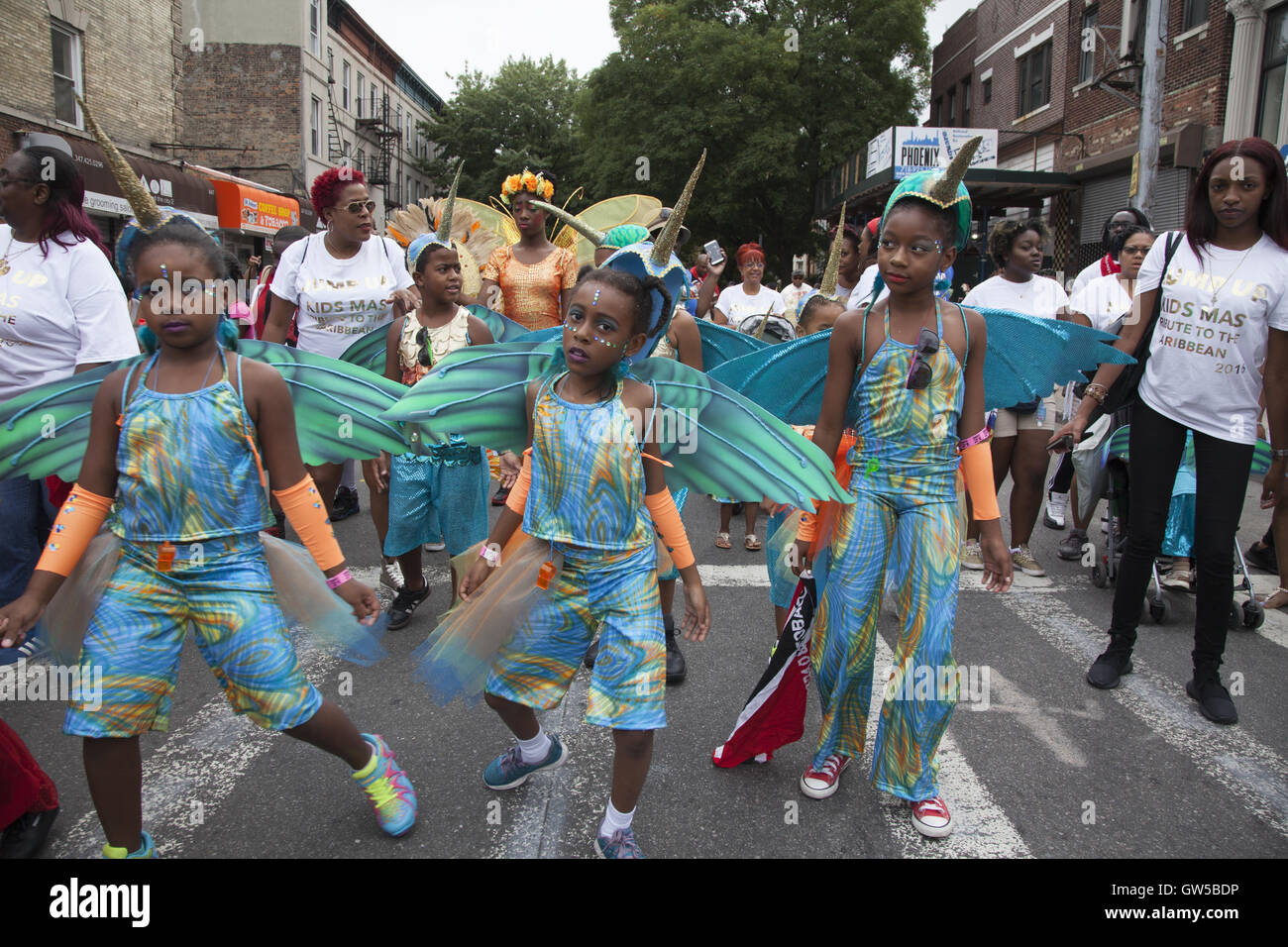 Karibik-Kiddie-Parade startet der karibische Karneval über Labor Day Wochenende im Vorfeld zur West Indian Labor Day Parade entlang Eastern Parkway in Brooklyn, New York. Stockfoto