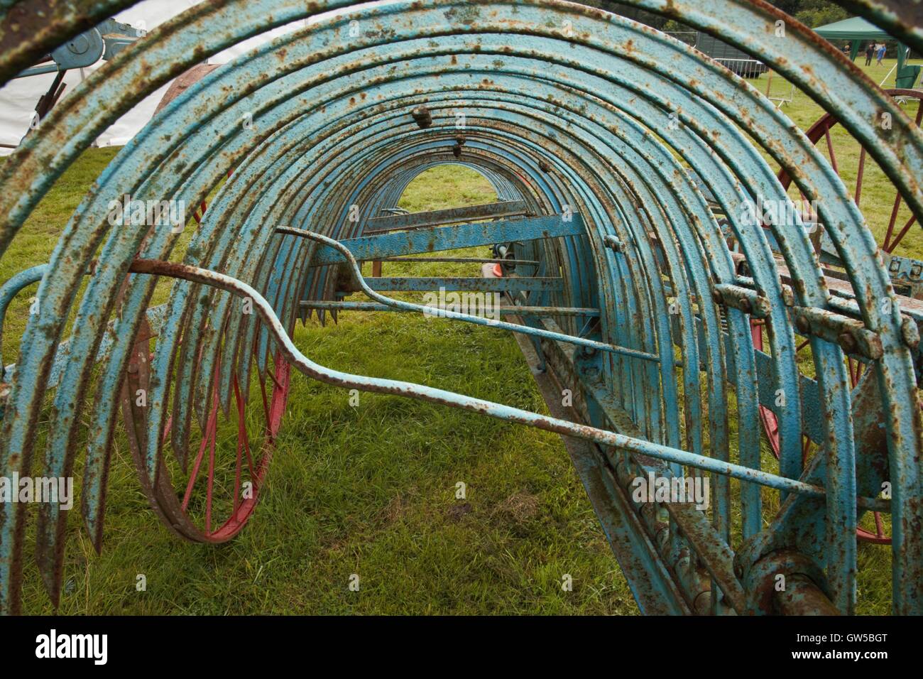 Vintage Heu rake.blue und rusty Stockfoto