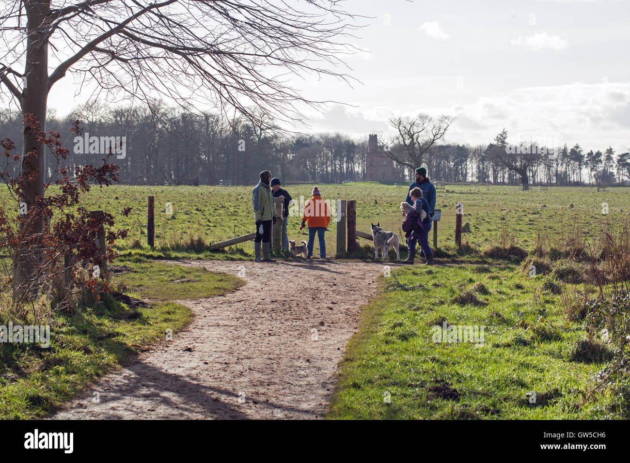 Hundebesitzer treffen. North Norfolk Landschaft. England. VEREINIGTES KÖNIGREICH. Winter. Stockfoto