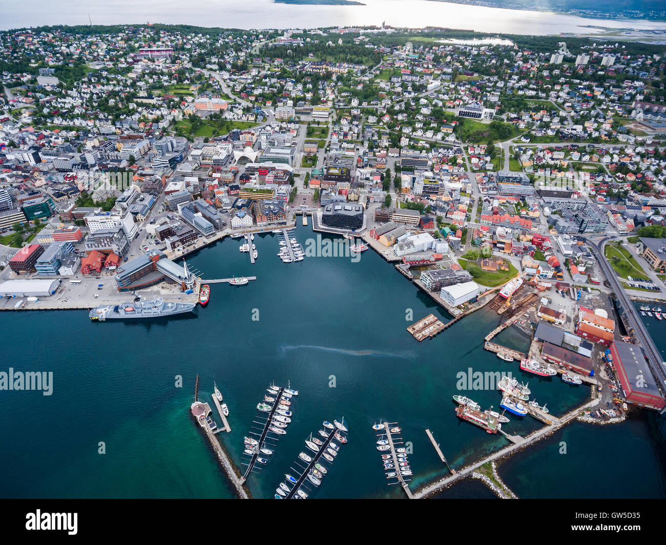 Stadt Tromsø, Nordnorwegen Luftaufnahmen. Tromso gilt als die nördlichste Stadt der Welt mit einer Bevölkerung über 50 Stockfoto