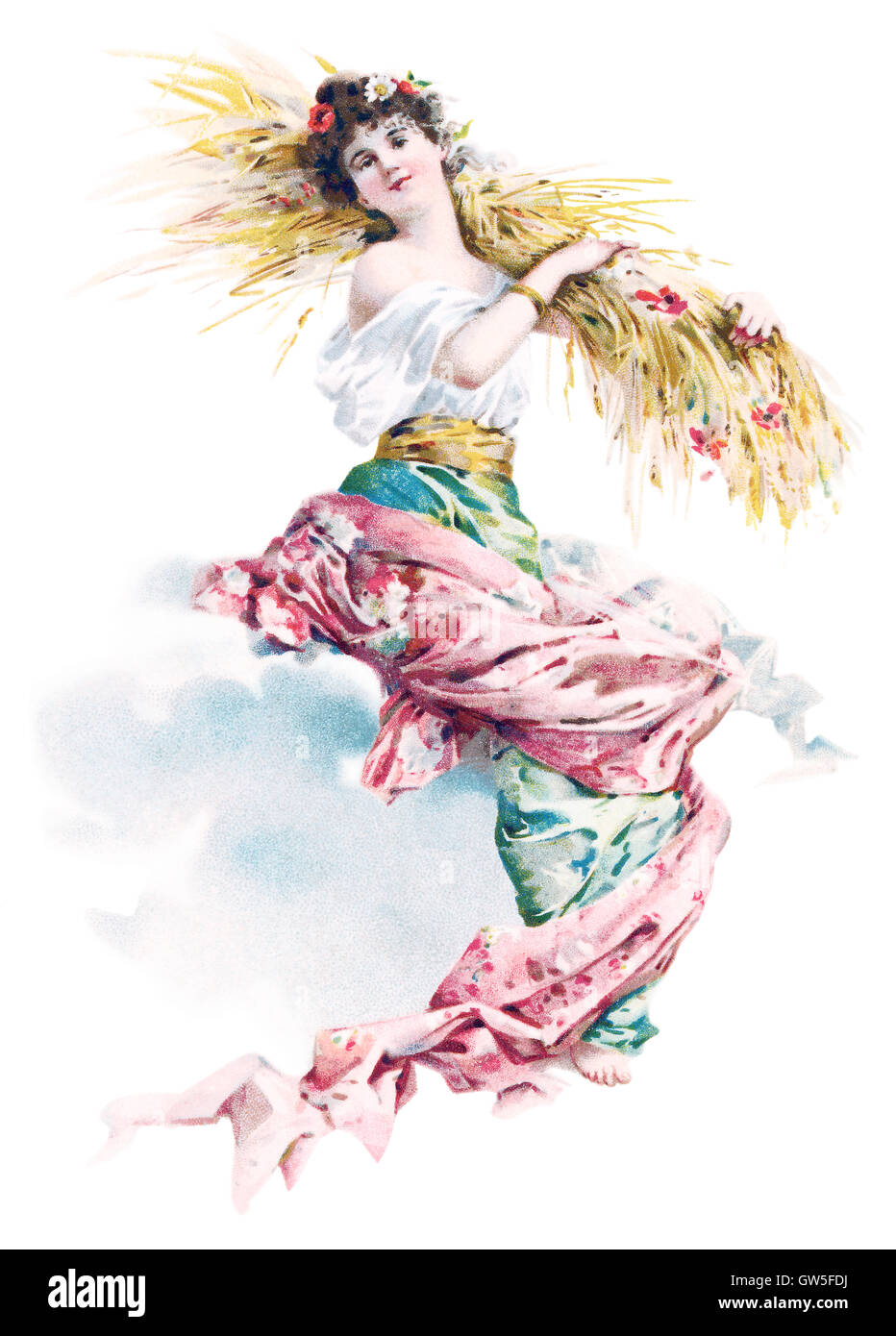 Farbe Abbildung einer Dame hält eine Garbe von Heu und Blumen, eine Edwardian Postkarte entnommen. Stockfoto