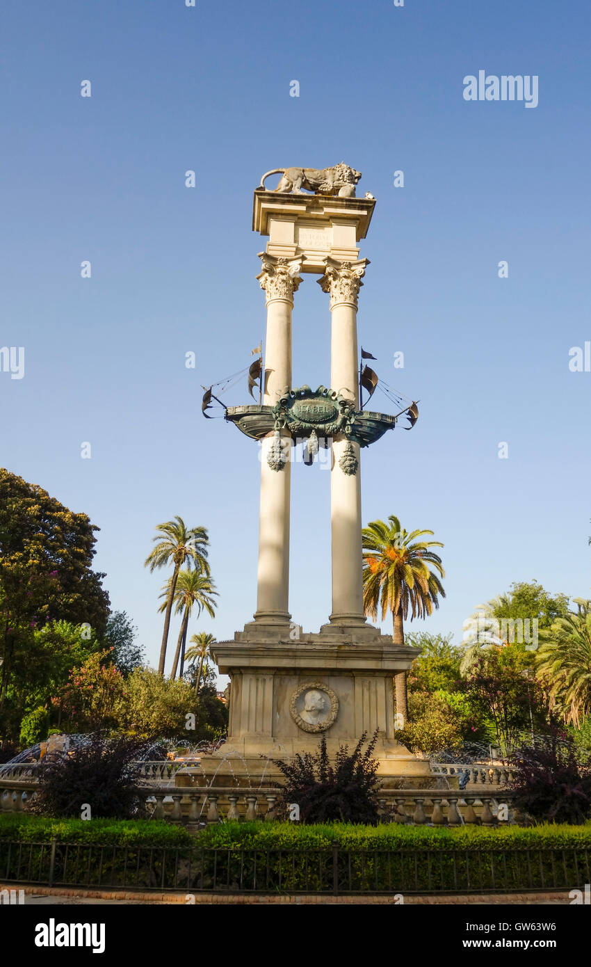 Christopher Columbus-Denkmal in Jardines de Murillo Park, Sevilla, Andalusien, Spanien. Stockfoto
