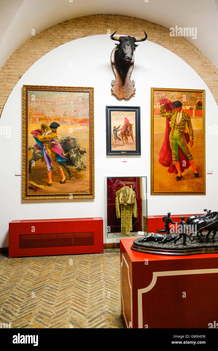 Zimmer im Museum der Bulfighting gewidmet, Stierkämpfer, Belmonte und Gallo, Stierkampfarena, Sevilla, Spanien Stockfoto