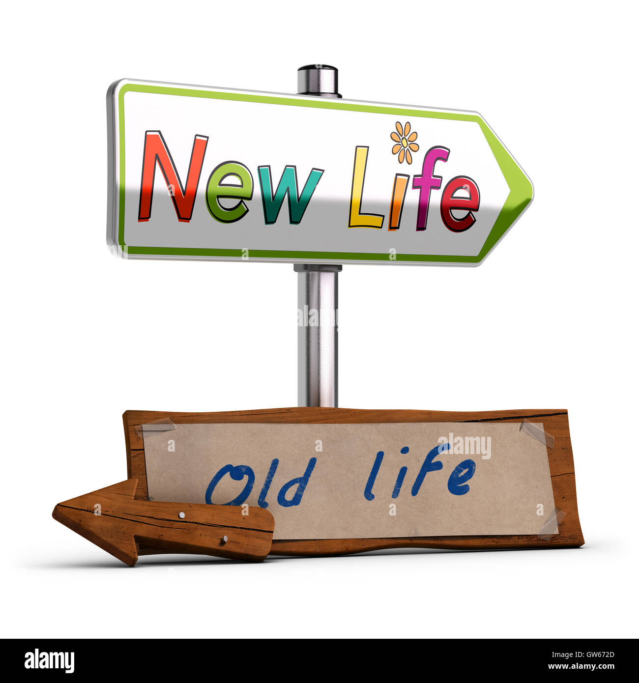 3D Illustration zwei Verkehrsschilder mit Text neues Leben und altes Leben auf weißem Hintergrund. Konzept-Bild, um Änderung zu veranschaulichen Stockfoto