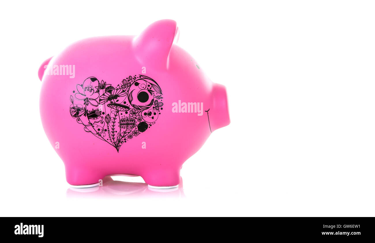 Rosa Sparschwein mit einem Herz-Symbol auf einem weißen Hintergrund mit Textfreiraum Stockfoto