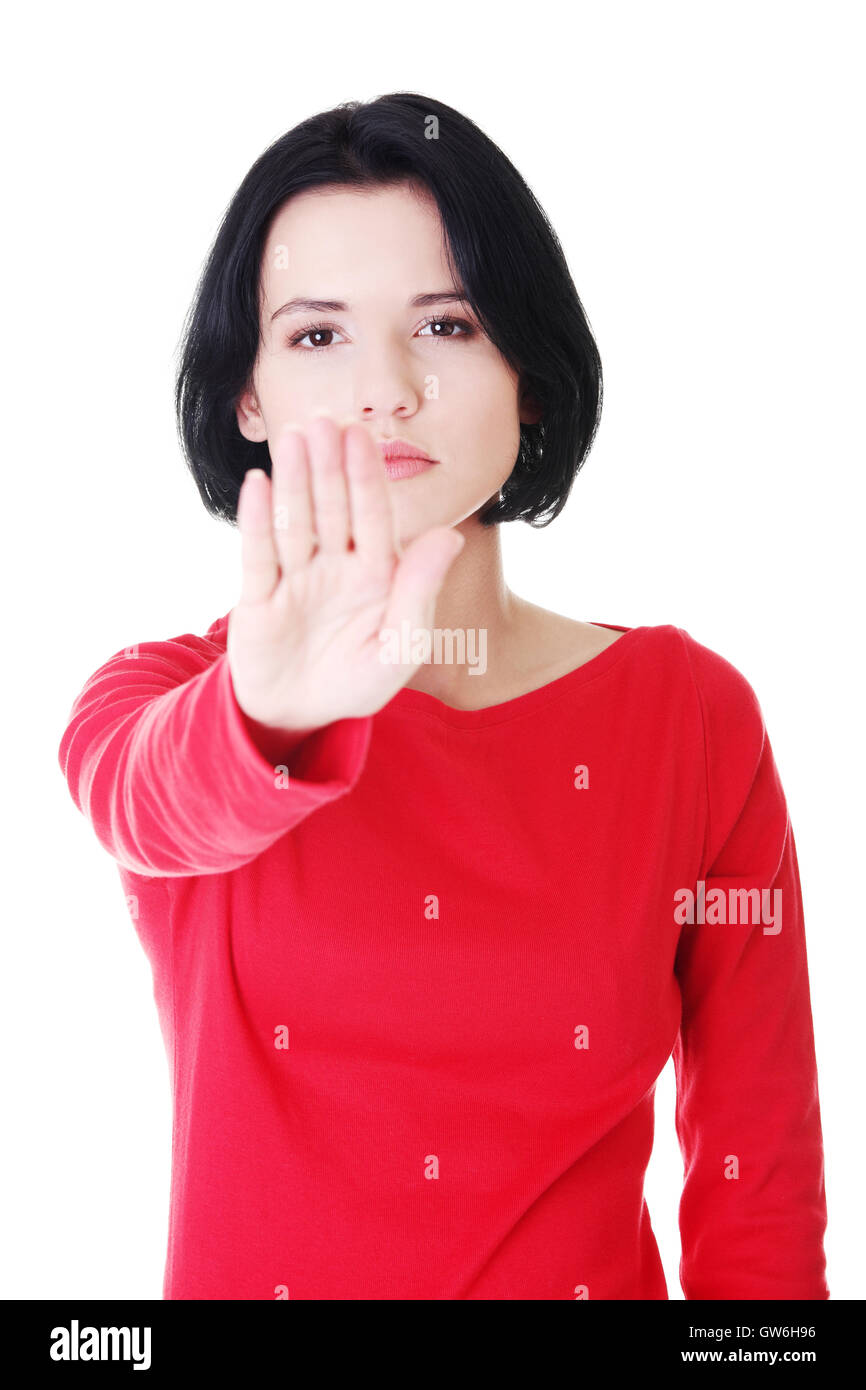 Halten Sie, stoppen Sie Geste zeigte, indem junge Frau Stockfoto