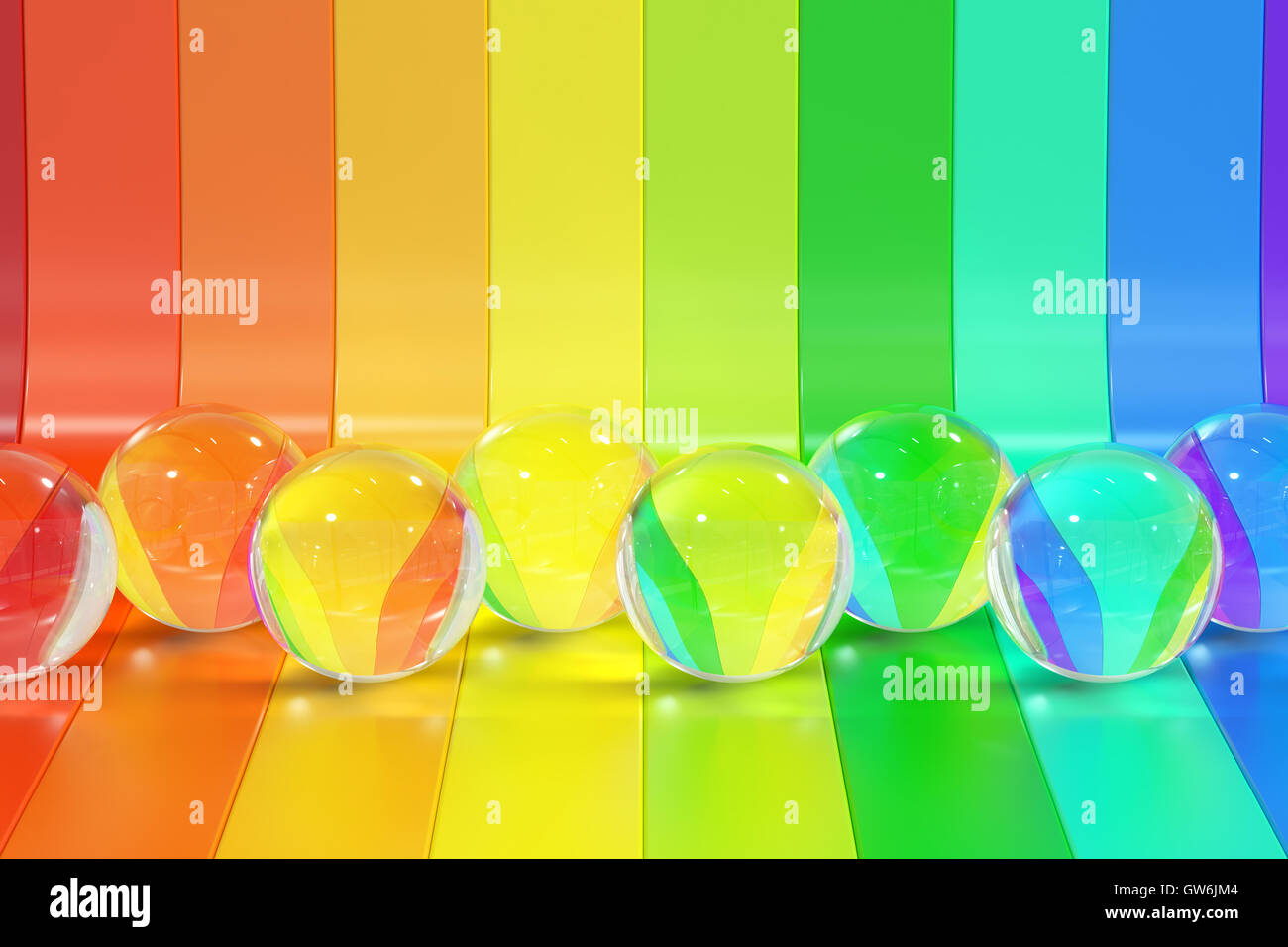Regenbogen Farben Streifen mit Kristallkugeln Hintergrund abstrahieren 3D-Rendering Stockfoto