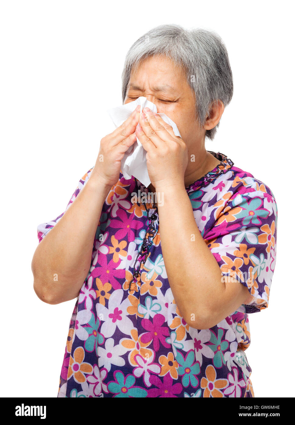 Asiatische ältere Menschen Niesen Stockfoto