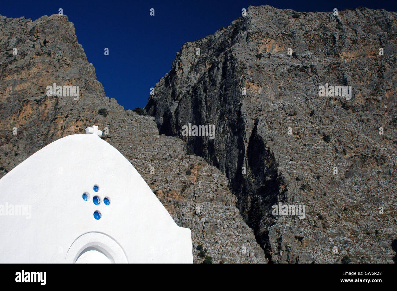 Griechisch-orthodoxe Kirche an der Mündung der Ha-Schlucht, Kreta, Griechenland Stockfoto