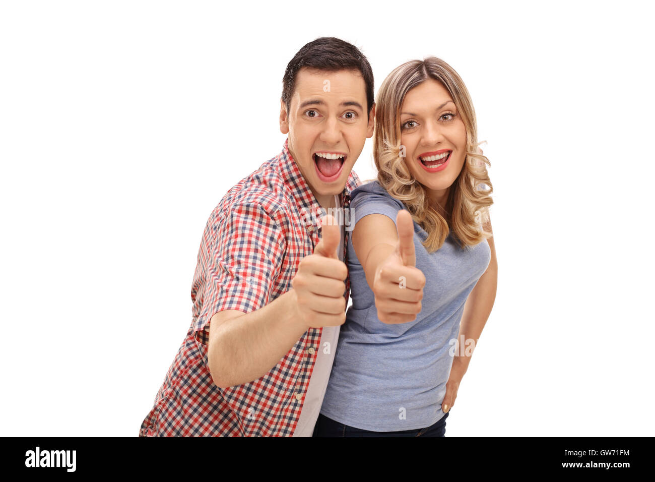 Glückliches Paar geben einen Daumen oben isoliert auf weißem Hintergrund Stockfoto
