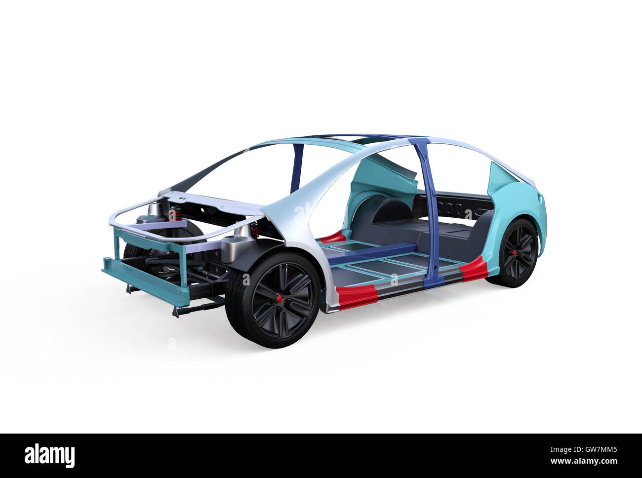 Elektrofahrzeug Gehäuse und Rahmen isoliert auf weißem Hintergrund. 3D-Rendering Bild. Stockfoto