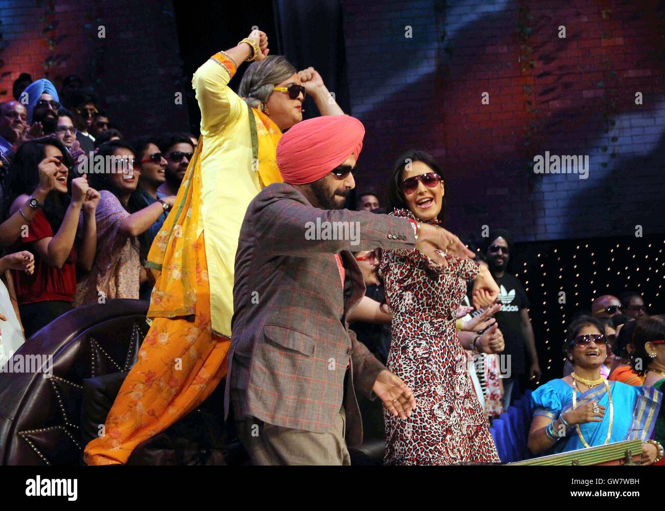 Bollywood-Schauspieler Katrina Kaif ehemaliger Cricket Spieler Navjot Singh Sidhu Komiker Ali Asgar Werbefilm Baar Baar Dekho Mumbai Stockfoto