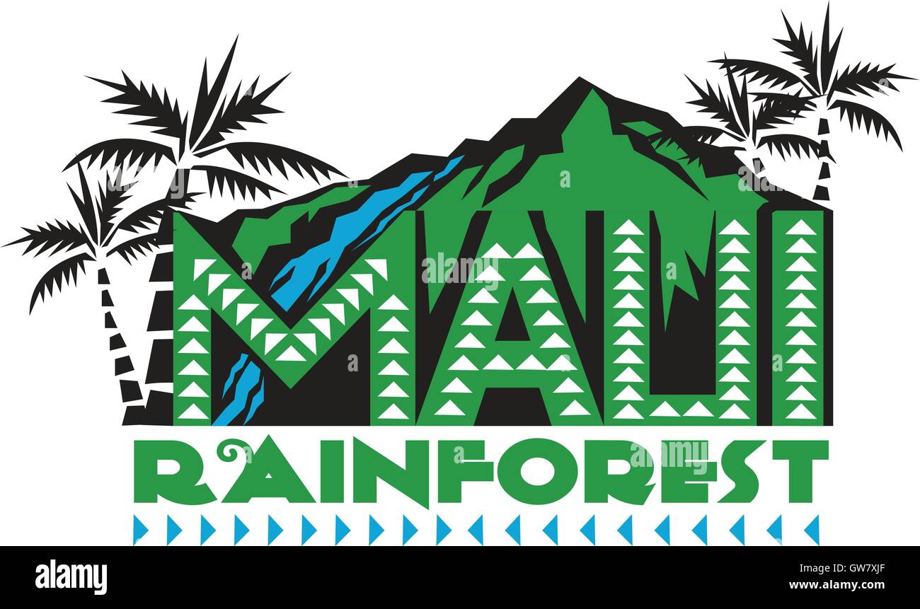 Illustration des Textes Wörter Maui Regenwald mit Berge, Wasserfälle, Wald und Palmen Bäume im Hintergrund getan im retro-Stil. Stock Vektor