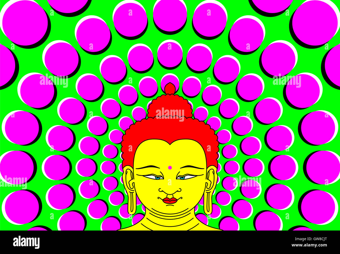 Psychedelische Buddha mit bewegten Hintergrund. Transzendente Bodhisattva Illustration mit peripheren Drift optische Täuschung. Stockfoto
