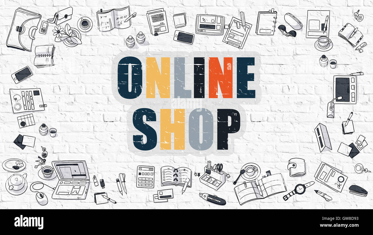Online-Shop auf weißen Mauer. Stockfoto