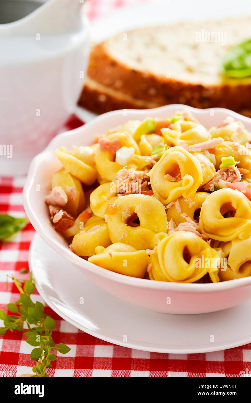 Nahaufnahme von einer Keramikschale mit einem Nudelsalat mit Tortellini auf einem Tisch mit einer rot-weiß karierte Tischdecke gemacht Stockfoto