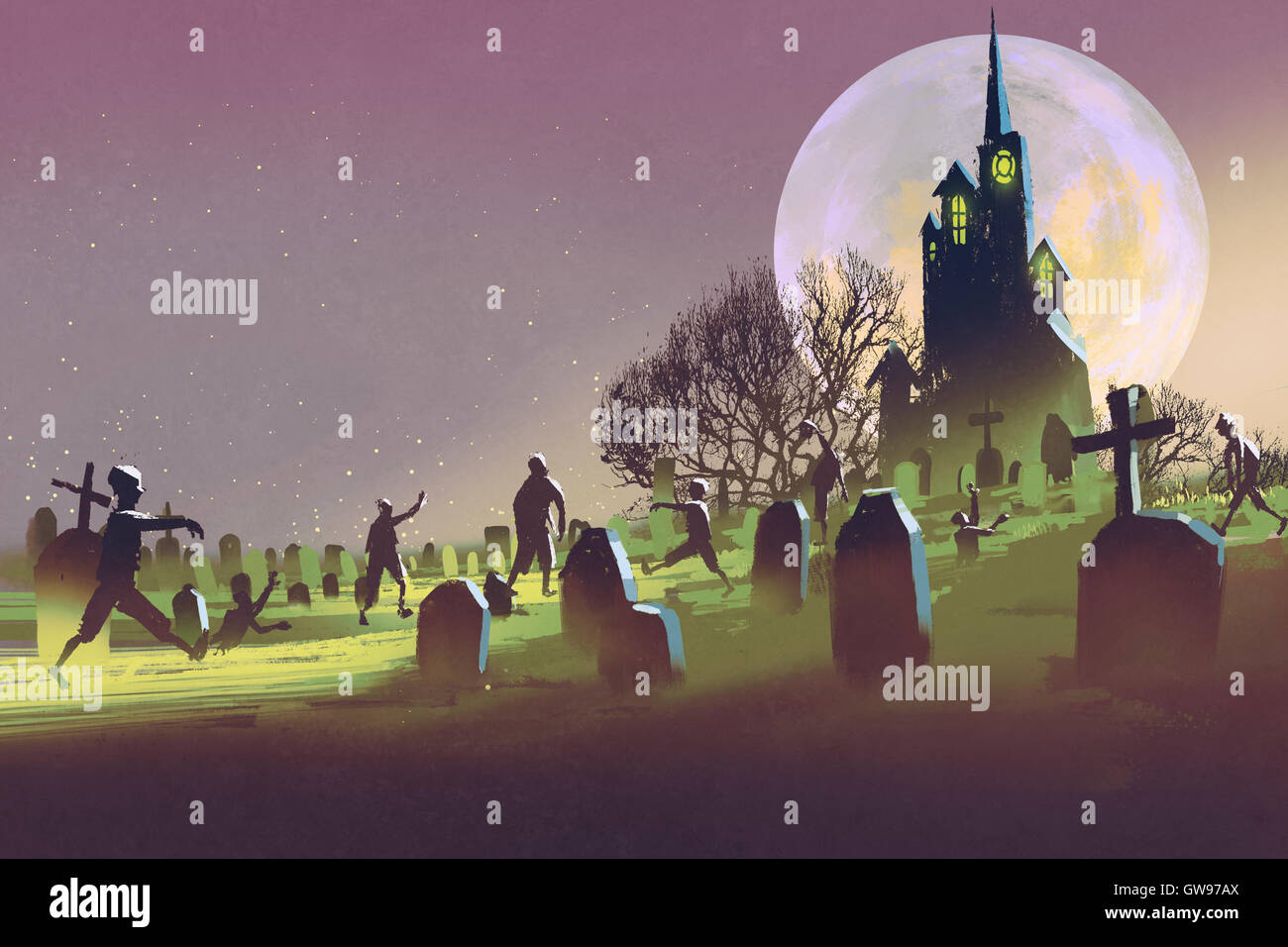 gruselige Schloss, Halloween-Konzept, Friedhof mit Zombies in der Nacht, Illustration, Malerei Stockfoto