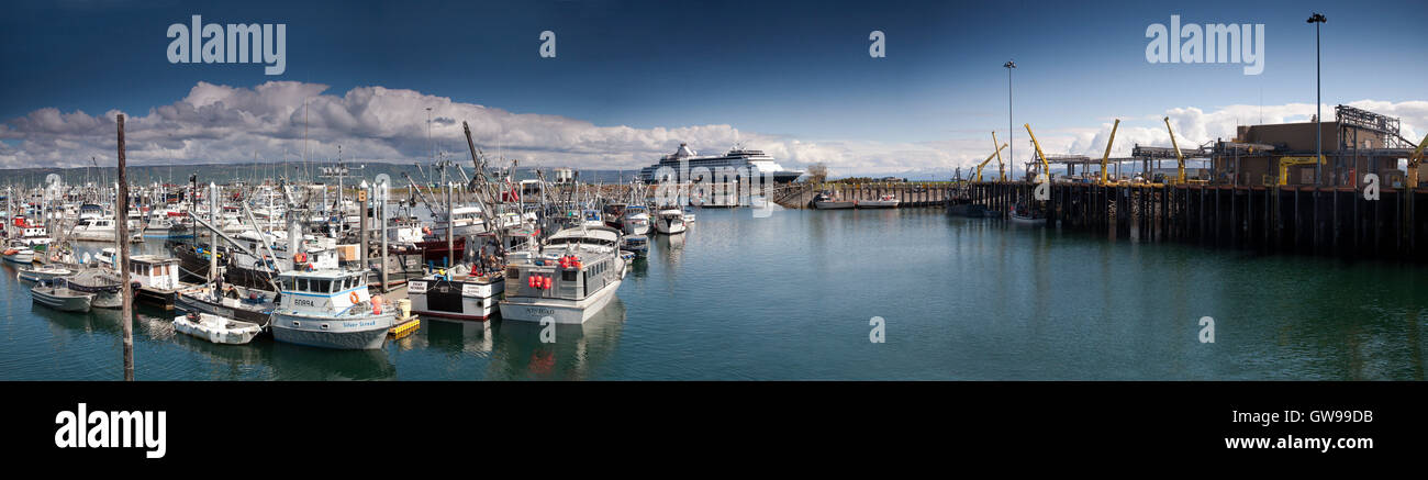 Ein Panoramabild von Fischerbooten und einem Kreuzfahrtschiff angedockt in Homer Spit Harbor, Alaska Stockfoto