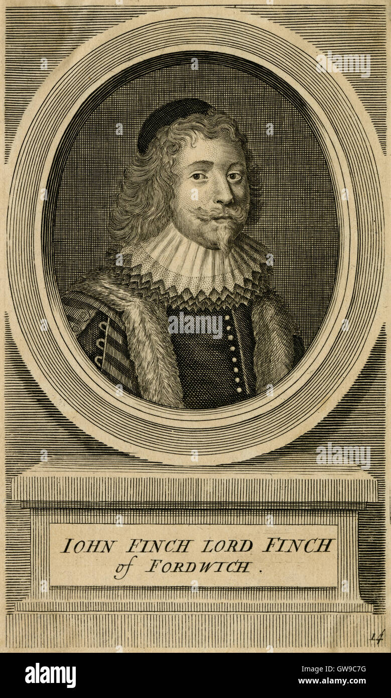 Antike c1780 Gravur, John Finch. John Finch, war 1. Baron Finch (1584-1660), ein englischer Richter und Politiker, der in das House Of Commons zu verschiedenen Zeiten zwischen 1621 und 1629 saß. Er war Sprecher des House Of Commons. QUELLE: ORIGINAL GRAVUR. Stockfoto