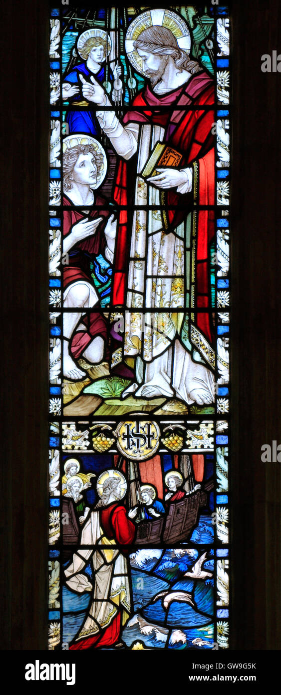 Cley nächsten Sea, Norfolk.  Jesus und Fischer, Glasfenster von A.A.Orr, 1923, englische Fenster 20. Jahrhundert, England Stockfoto