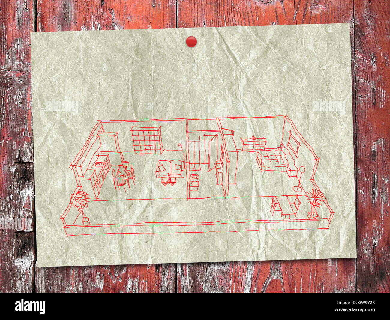 2D rot Freihand Zeichnung möblierten Haus innen Wohnung auf alten Papier über rote Holzbretter Hintergrund skizzieren Stockfoto 2D rot Freihand Zeichnung möblierten Haus innen Wohnung auf alten Papier über rote Holzbretter Hintergrund skizzieren Stockfoto