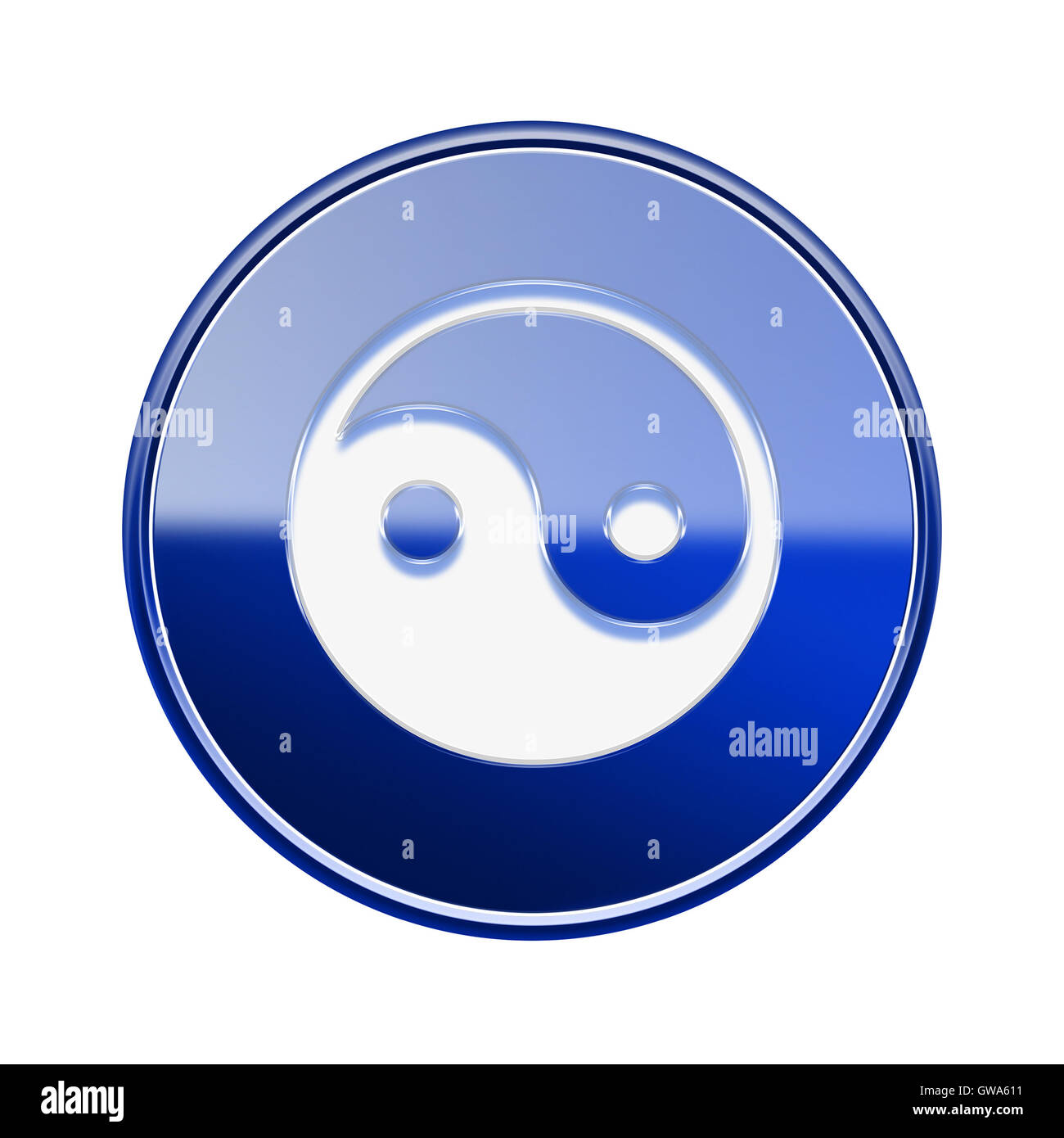 Yin Yang Symbol Symbol glänzend blau, isoliert auf weißem Hintergrund. Stockfoto