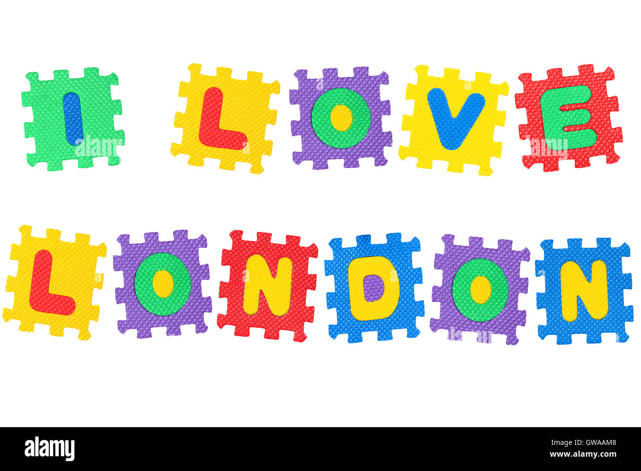 Nachricht Ich liebe London, von Buchstaben puzzle, auf weißem Hintergrund. Stockfoto