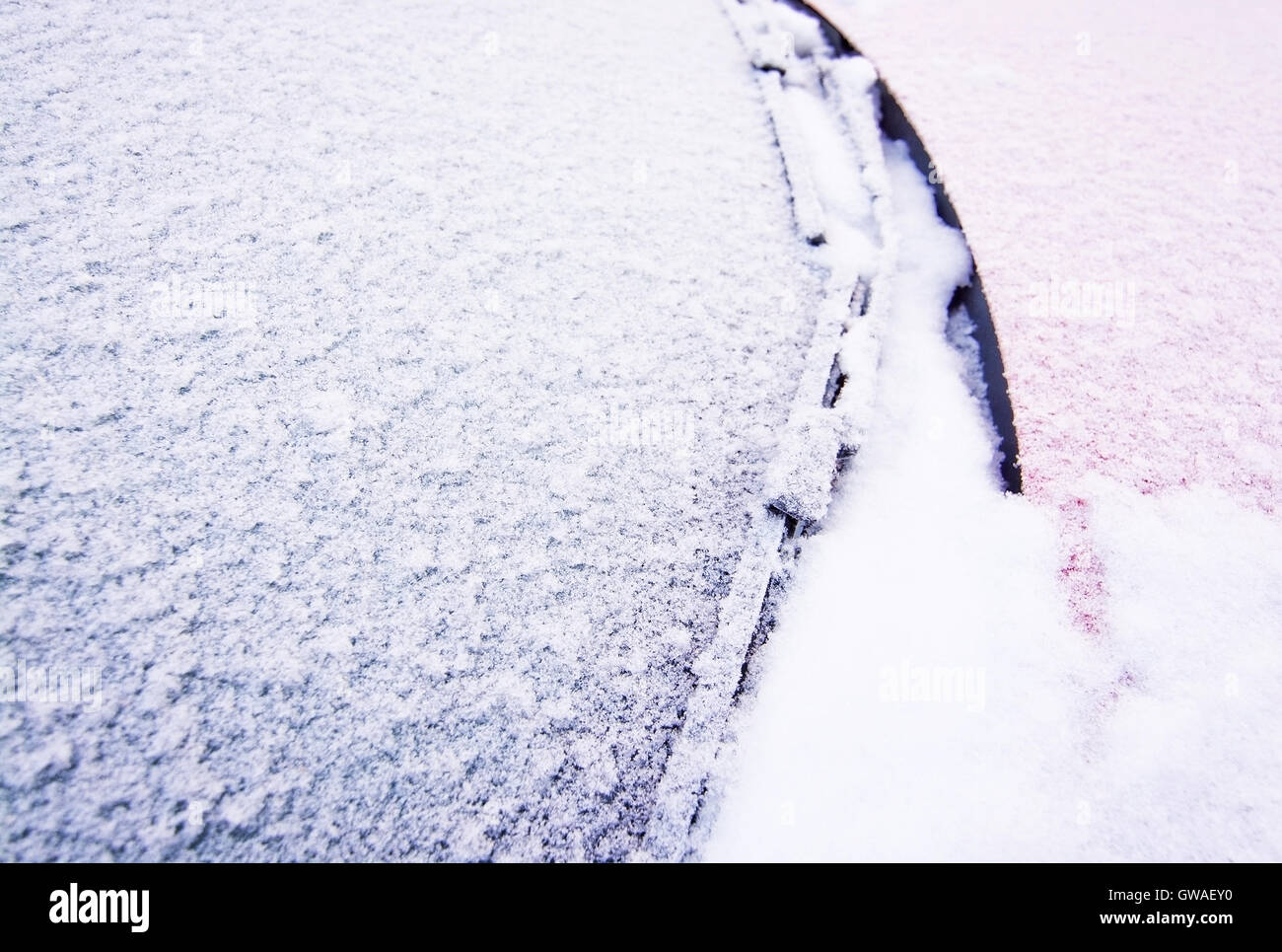 Schnee und Eis bedeckt rotes Auto und Fenster außerhalb im Dezember Closeup. Stockfoto