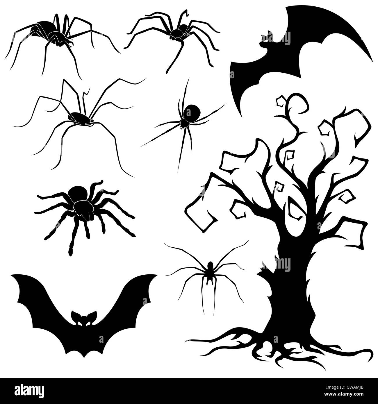 Halloween-Silhouette-Reihe von Spinnen, fliegen Fledermäuse und alte getrocknete Baum isoliert auf weißem Hintergrund, hand Zeichnung Vektor illustrati Stock Vektor