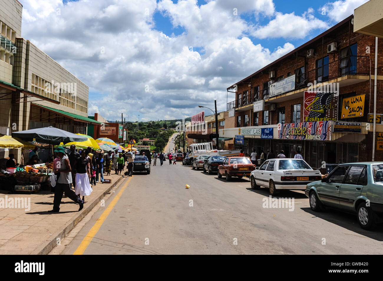 Manzini ist zweitgrößte Stadt und die wichtigsten Industriezentrum des Landes. Das Königreich Swasiland im südlichen Afrika und grenzt an Südafrika und Mosambik. Stockfoto