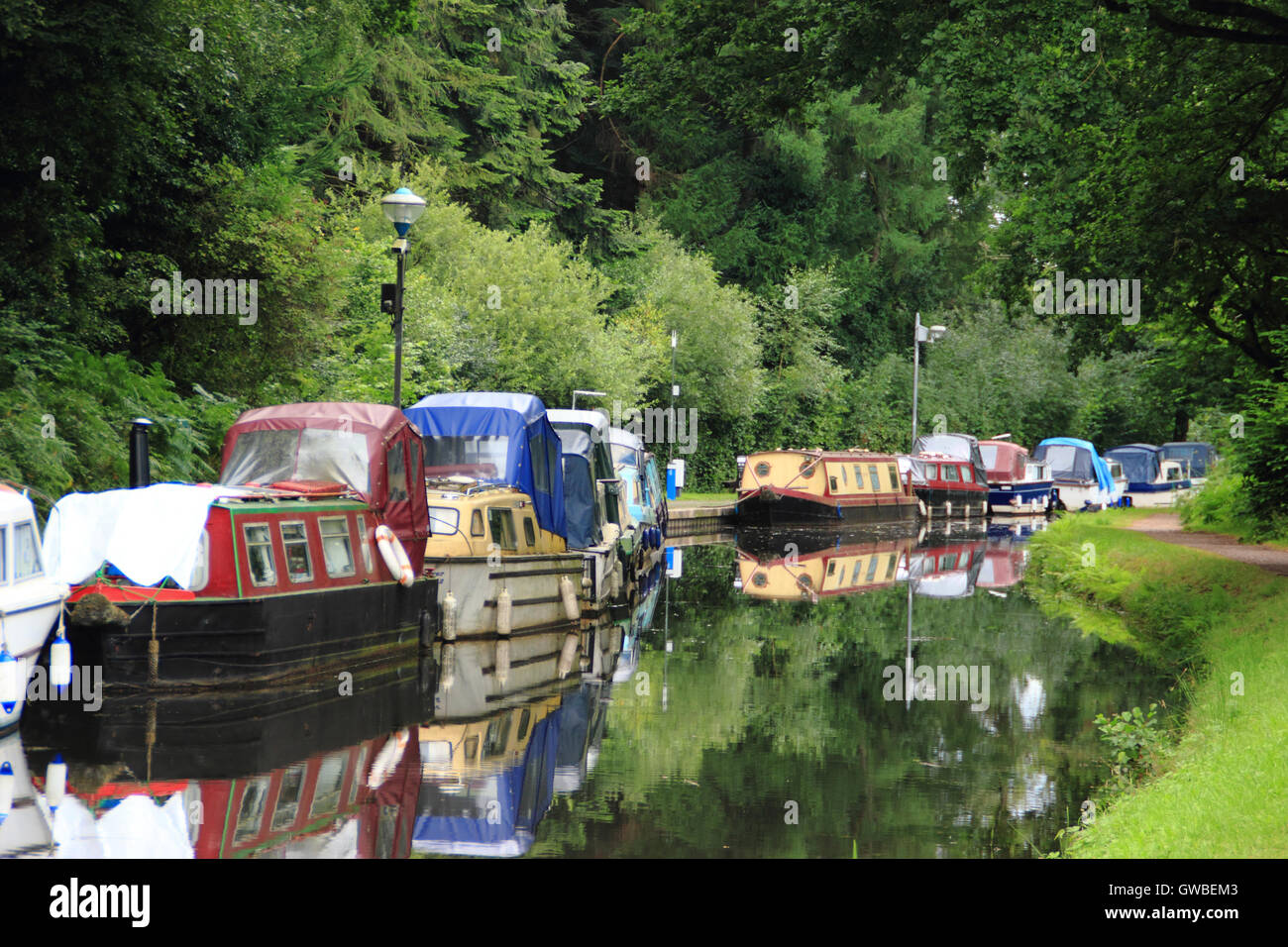 Boote vertäut am Monmouthshire und Brecon Canal Goytre Wharf, Brecon Beacons, Wales - August Stockfoto