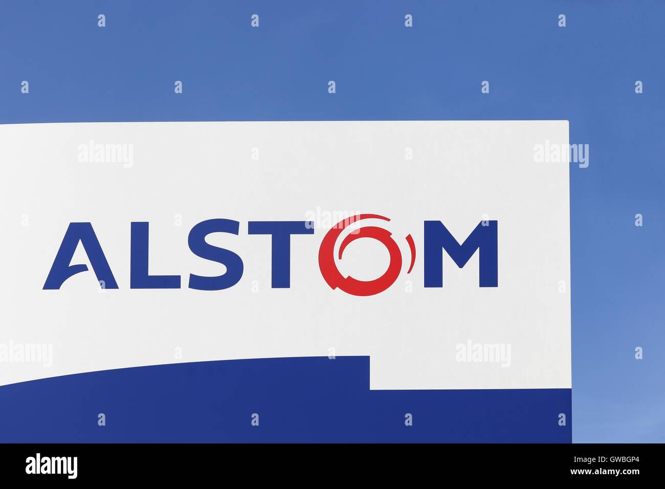 Alstom-Logo auf einem panel Stockfoto