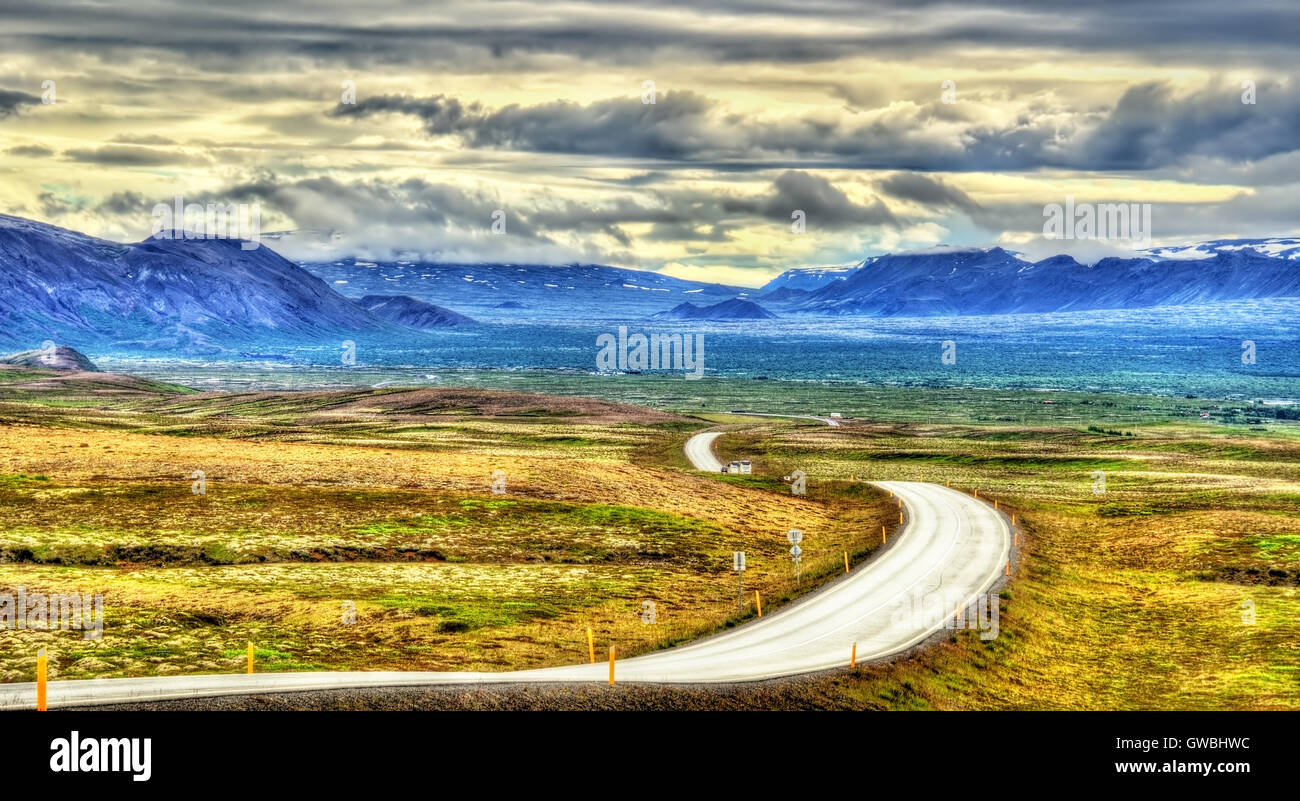 Route 36 zwischen Reykjavik und Thingvellir - Island, dem Golden Circle Stockfoto