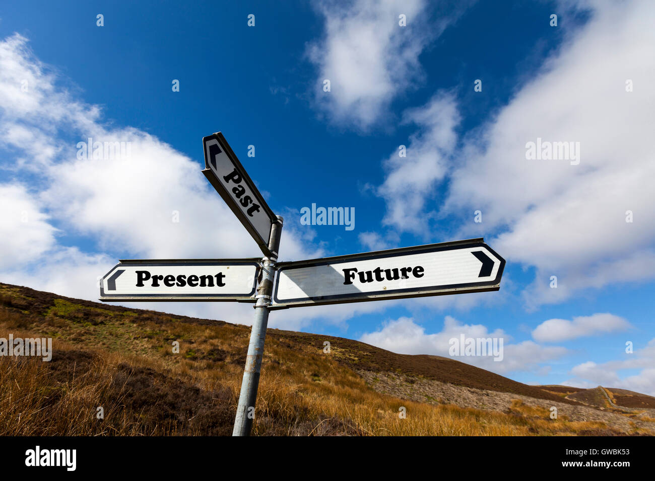 Vergangenheit Gegenwart Zukunft leben Weise Zeichen Worte Richtung Richtungen wählen Wahl Option Optionen Weg im Leben Antonyme Antonym geschrieben Stockfoto