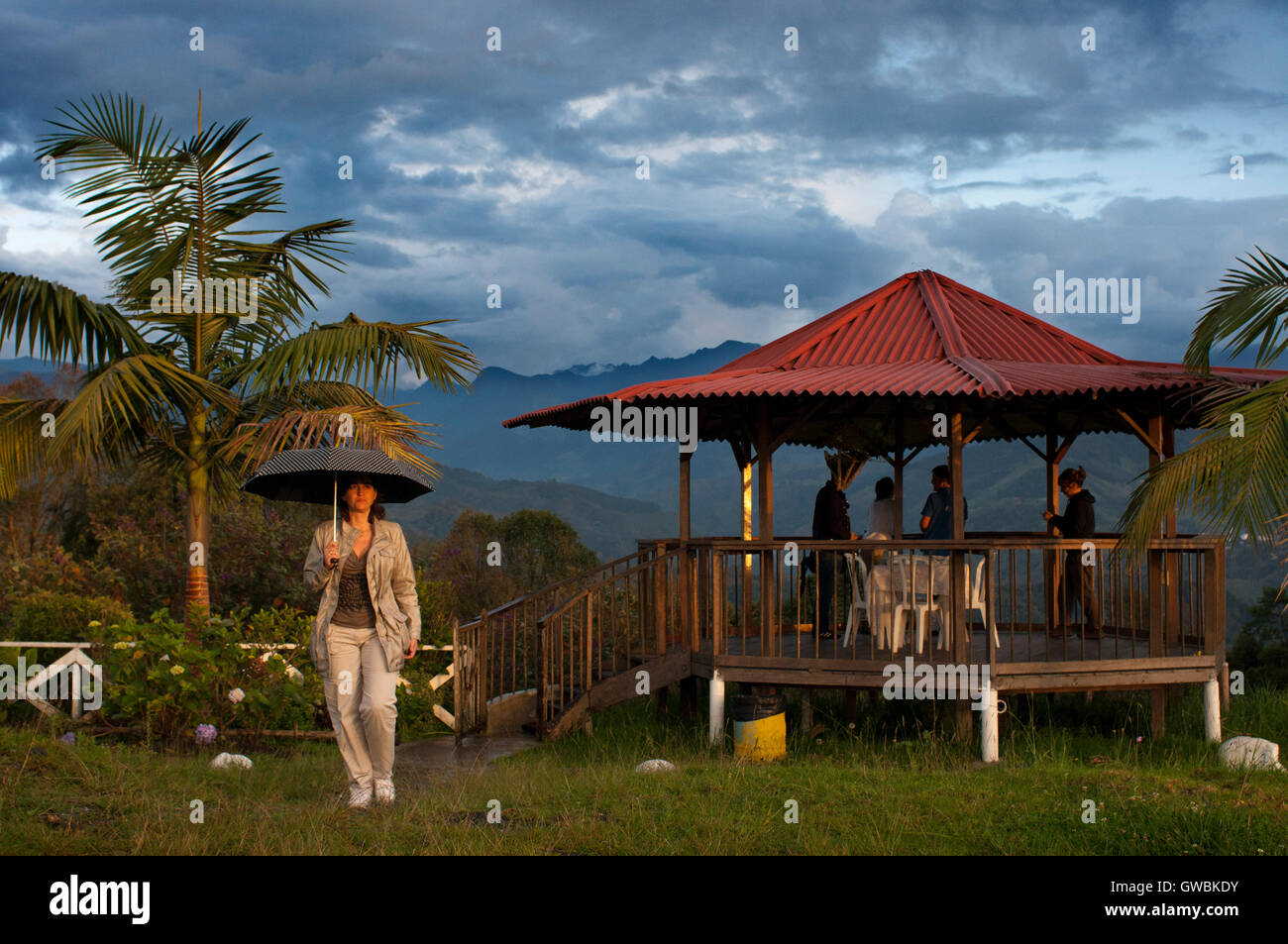 Ein Tourist mit Regenschirm in der bergigen Landschaft der National Park von Los Nevados, Kolumbien. Die Los Nevados nationalen Nat Stockfoto
