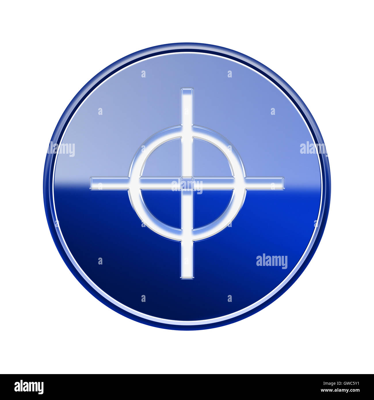 Ziel-Symbol glänzend blau, isoliert auf weißem Hintergrund. Stockfoto