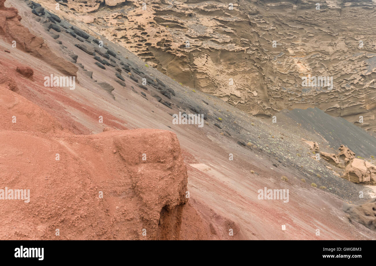 Chromatische Discordance in vulkanischen Gesteinen in der Nähe von El Golfo Stockfoto