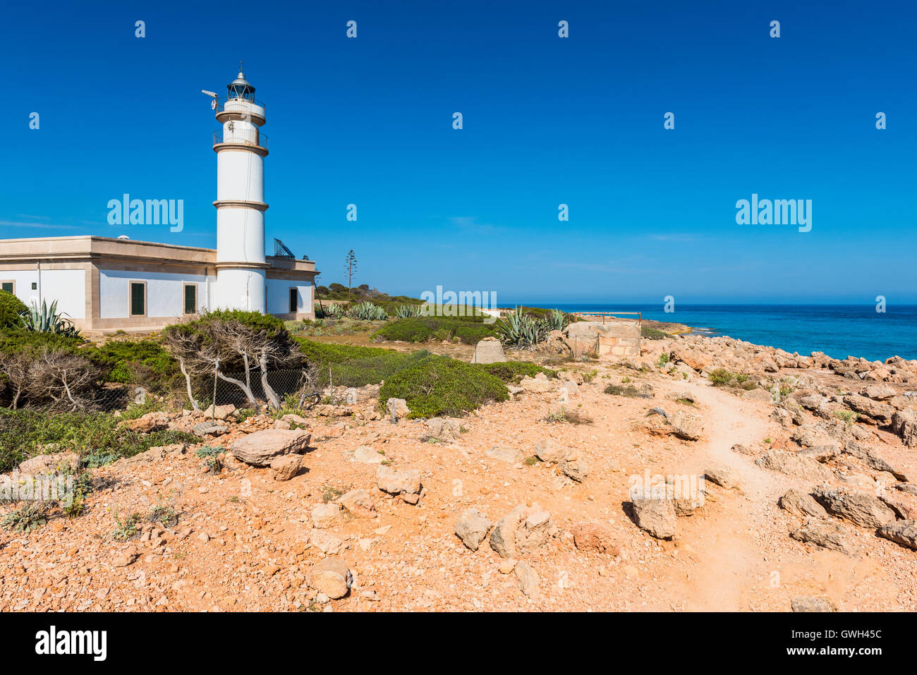 Leuchtturm von Cap de Ses Salines Mallorca Stockfoto