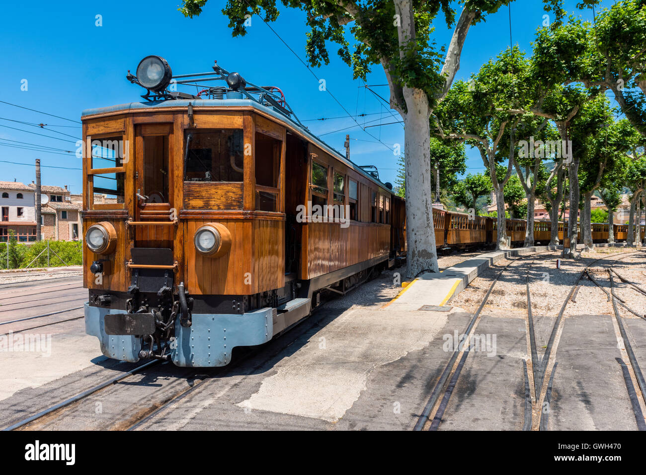 Zug am Bahnhof in Soller Mallorca Stockfoto