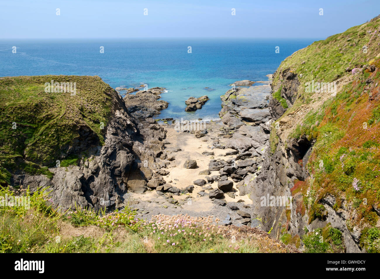 Ein Cornwall Strand in einer kleinen Bucht - Lizard Halbinsel, England, Großbritannien im Sommer Stockfoto