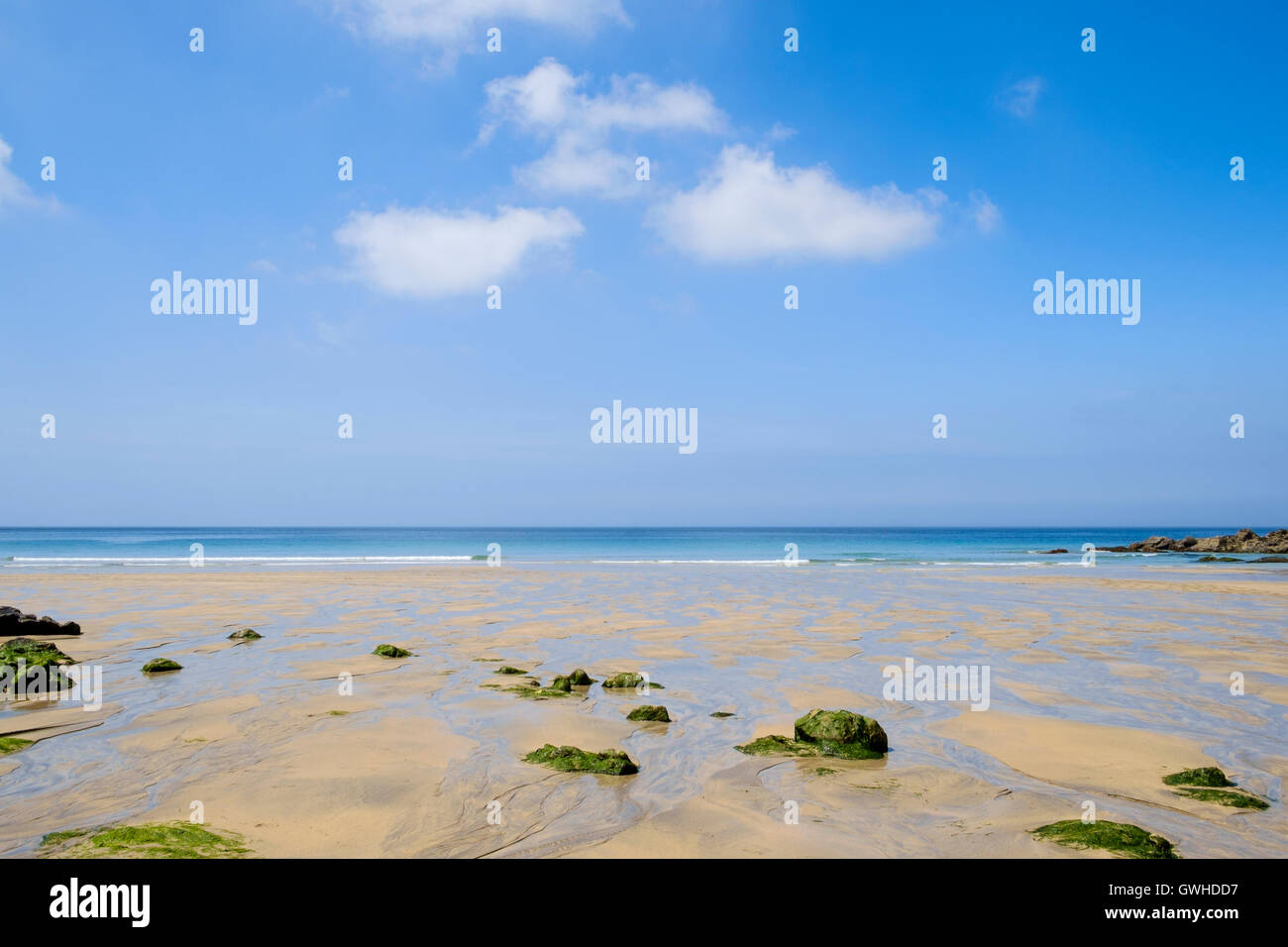 Sandy leeren Strand UK mit Felsen und Algen - Cornwall, England, Großbritannien im Sommer Stockfoto