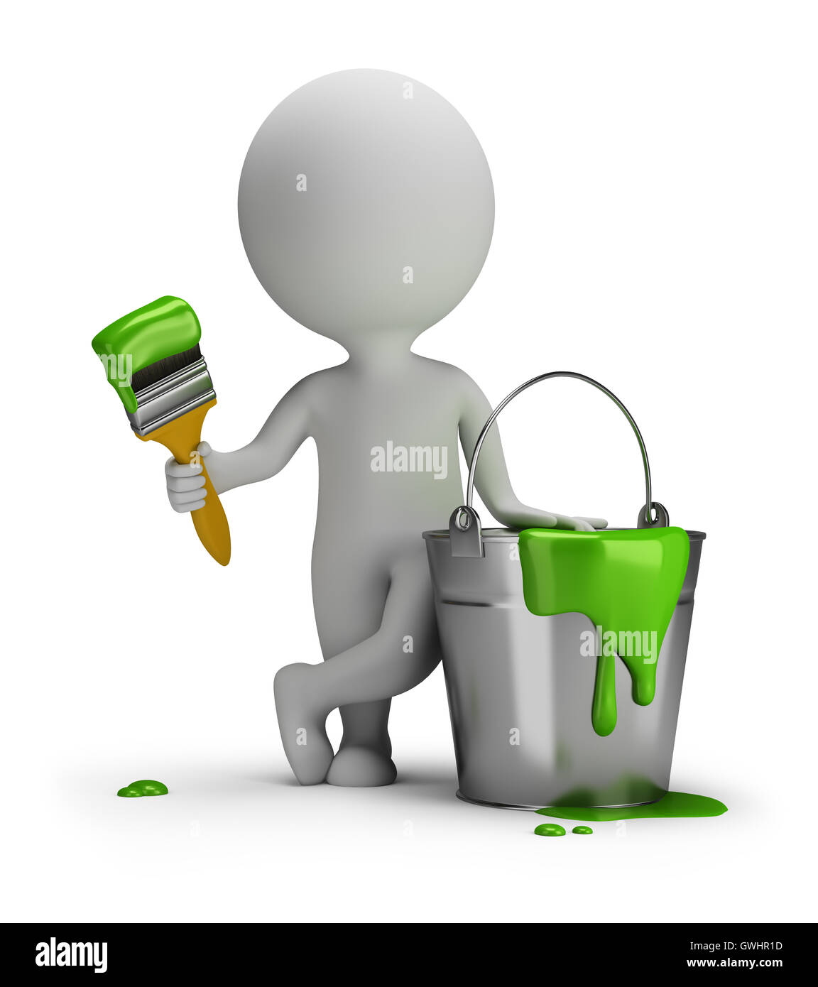 3D kleine Leute mit einem Pinsel und einem Eimer Farbe Stockfoto