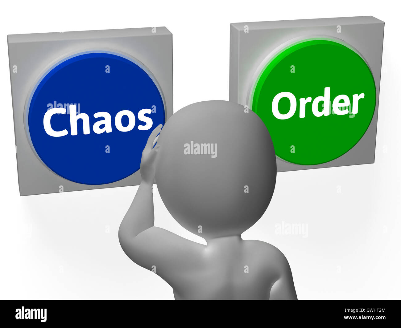 Chaos Ordnung Schaltflächen zeigen Störung oder Management Stockfoto