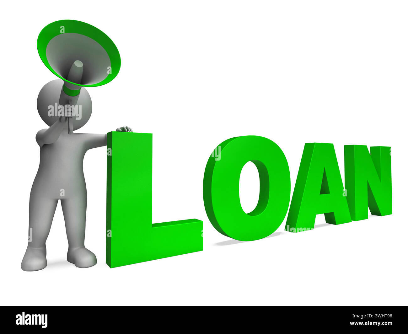 Loan Charakter zeigt Bank Darlehen Hypothek oder Ausleihe Stockfoto
