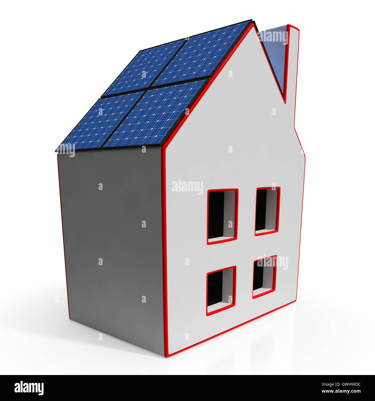 Haus mit Sonnenkollektoren, die mit erneuerbaren Energien Stockfoto