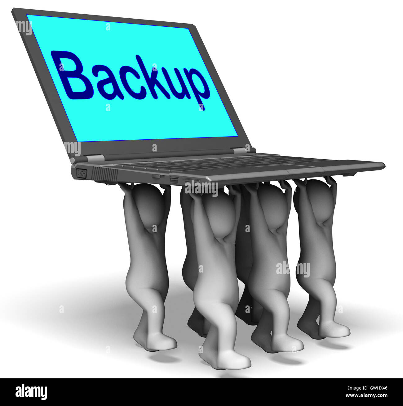 Backup Charakter Laptop zeigt Archiv sichern und Speichern von Stockfoto