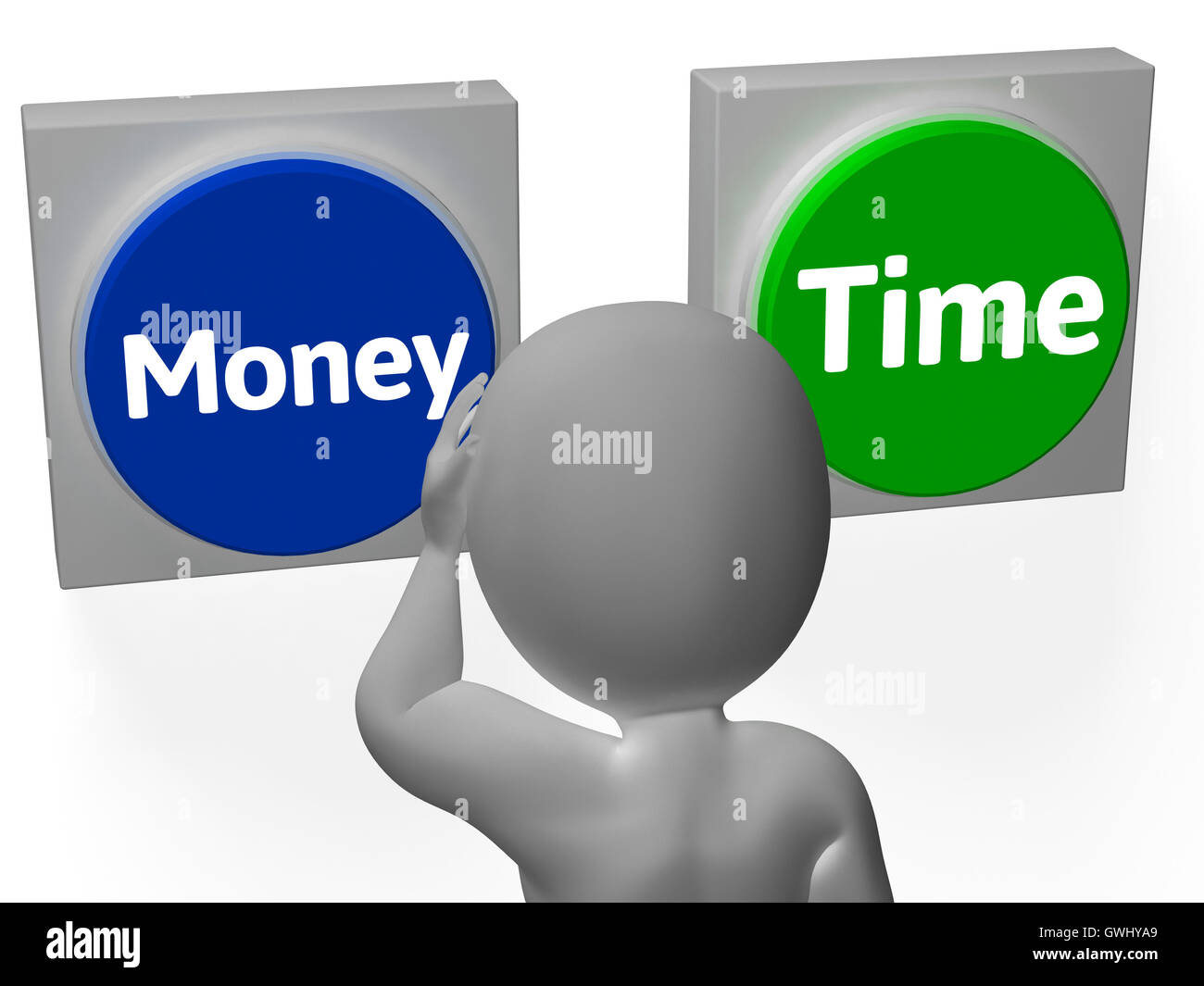 Geld-Zeit-Buttons angezeigt, Wohlstand und Einkommen Stockfoto