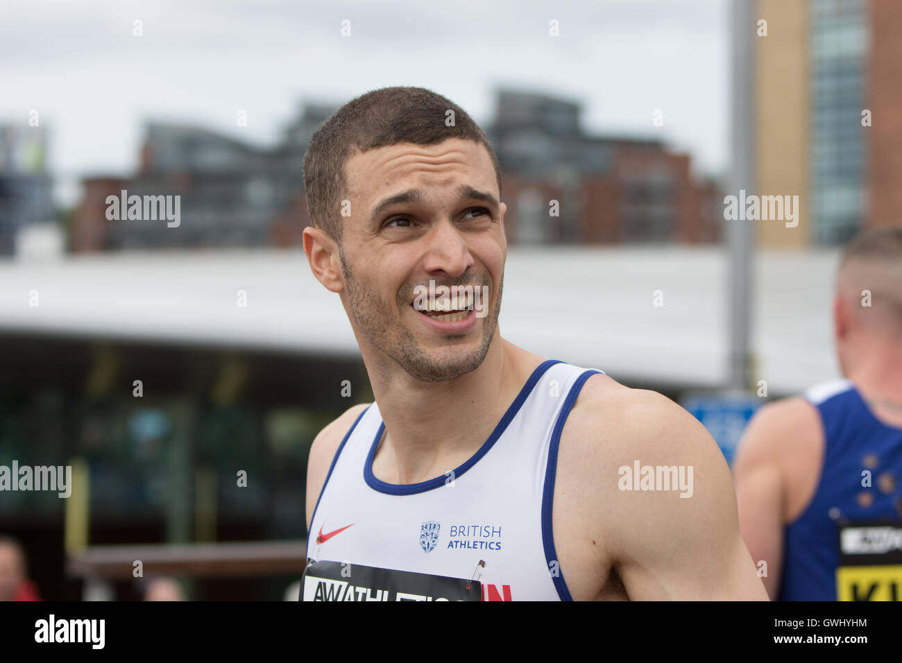 10. September 2016. Danny Talbot nimmt den ersten Platz in der Zeile mit einer Zeit von nur knapp gegen Richard Kilty 15.06.  Kredit: Da Stockfoto