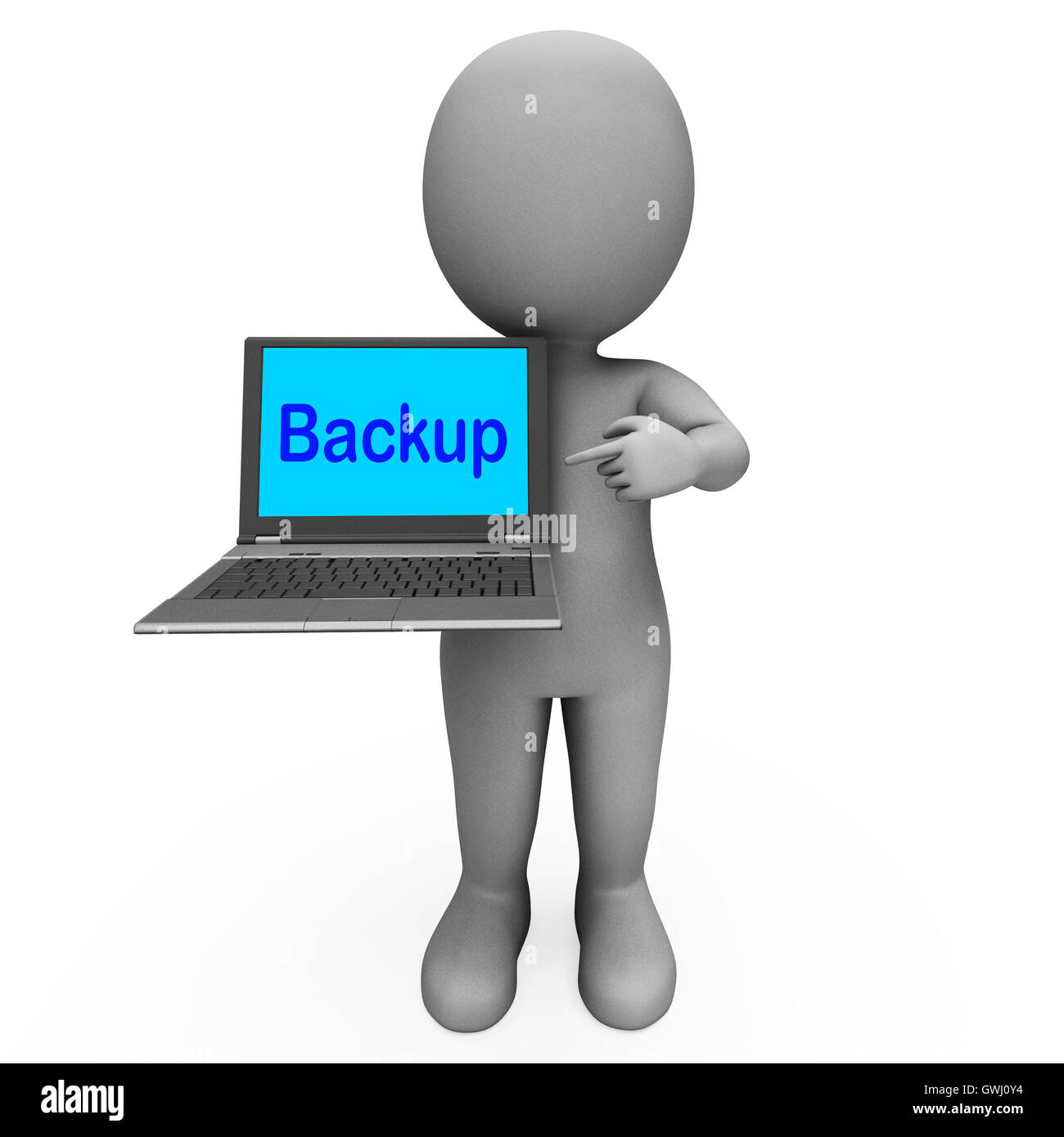 Backup Laptop und Charakter zeigt wieder nach oben Archivierung und Speicherung von Stockfoto