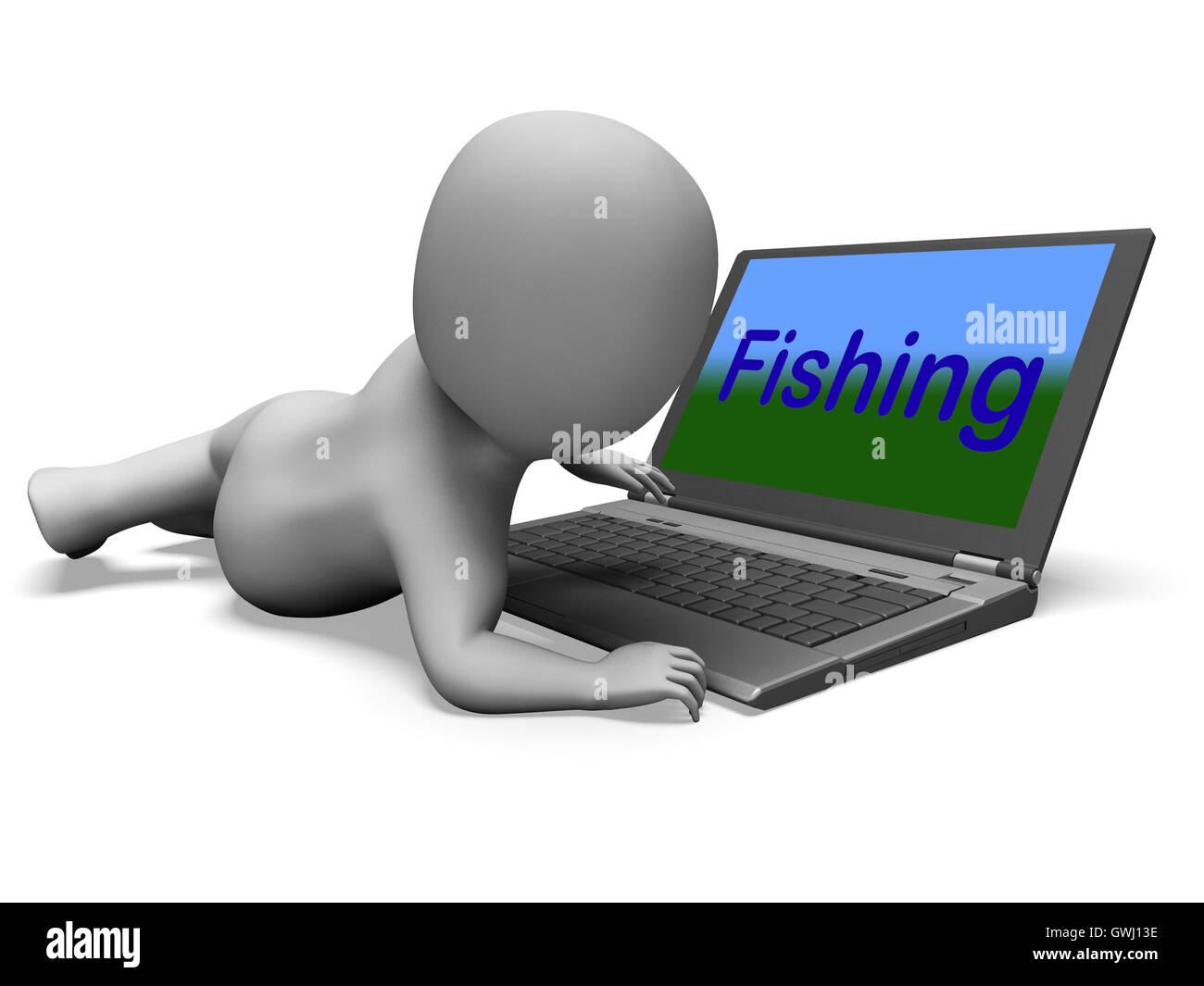 Charakter Laptop Mittel Angelsport der Fang von Fischen im Web Stockfoto